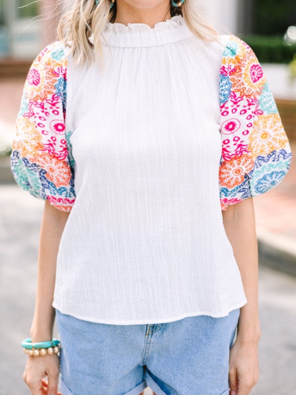 THML On Your Heart White Embroidered Puff Sleeve Blouse Size L NWOT